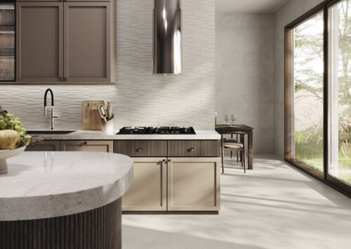 Salpicadero de cocina con azulejos en relieve imitación piedra